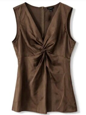 Ann Taylor Satin Twist Front Blouse Brown Sleeveless V Neck Size 4 NWT